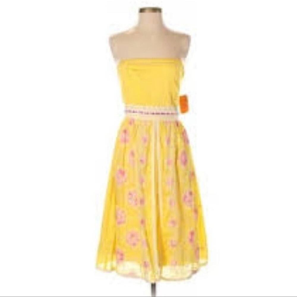 Cynthia Steffe Strapless Embroidered Pink Floral Yellow Lace Dress Size 8